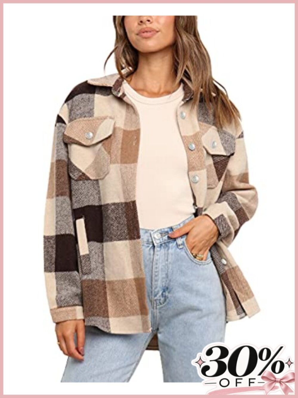 Oversized Plaid Shacket Faux Wool Button Down Shirt Jacket